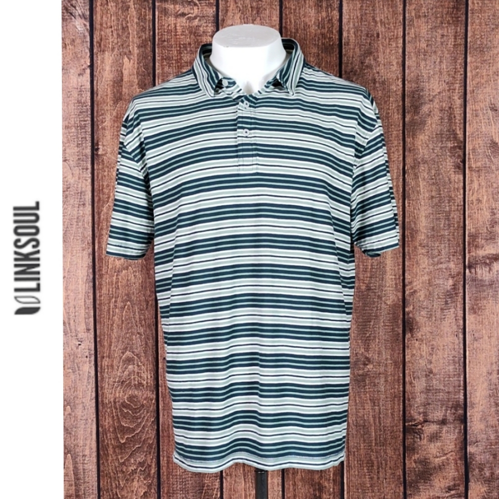 Luxury Cotton 3 Button Green White Striped Polo Shirt Excellent Condition